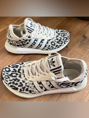 Adidas Womens Black & White Leopard Knit Sneakers